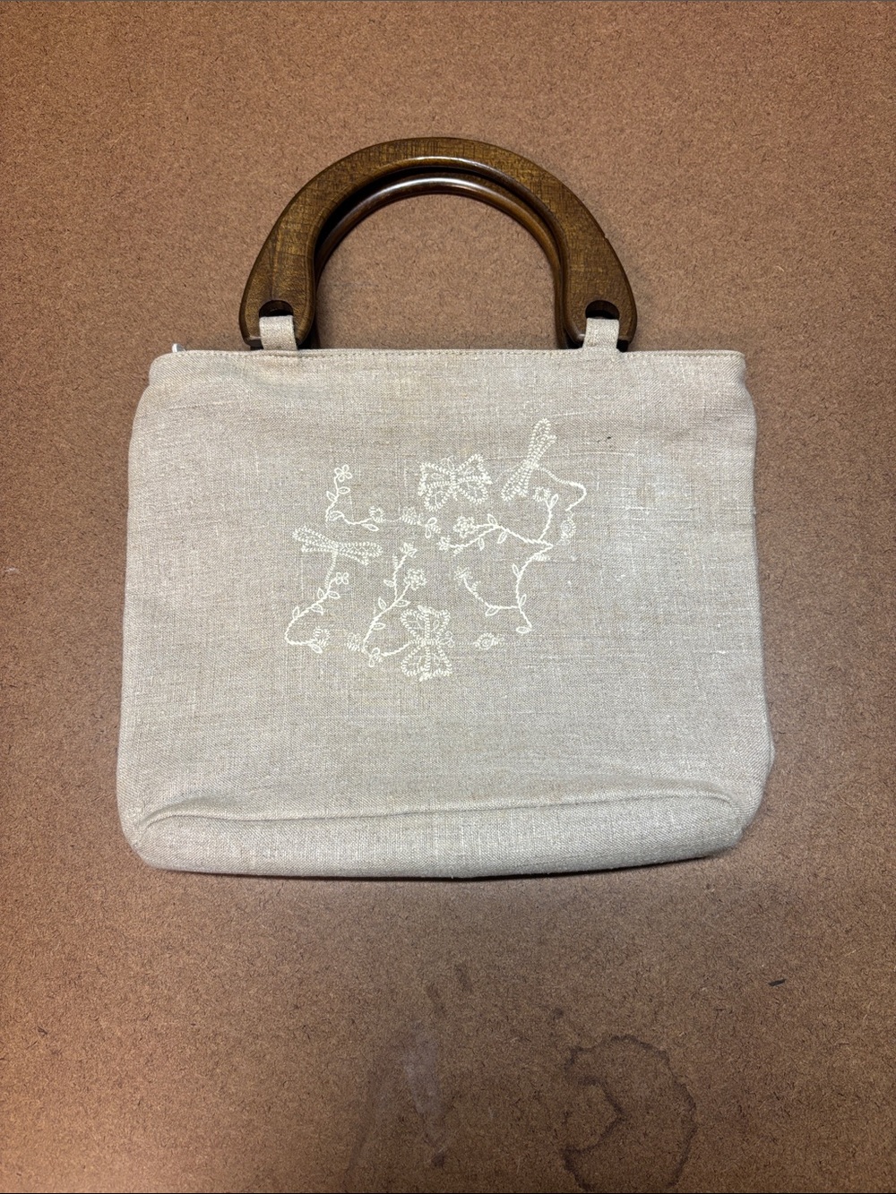 Talbots Natural Linen Mini Bag with Wooden Handles